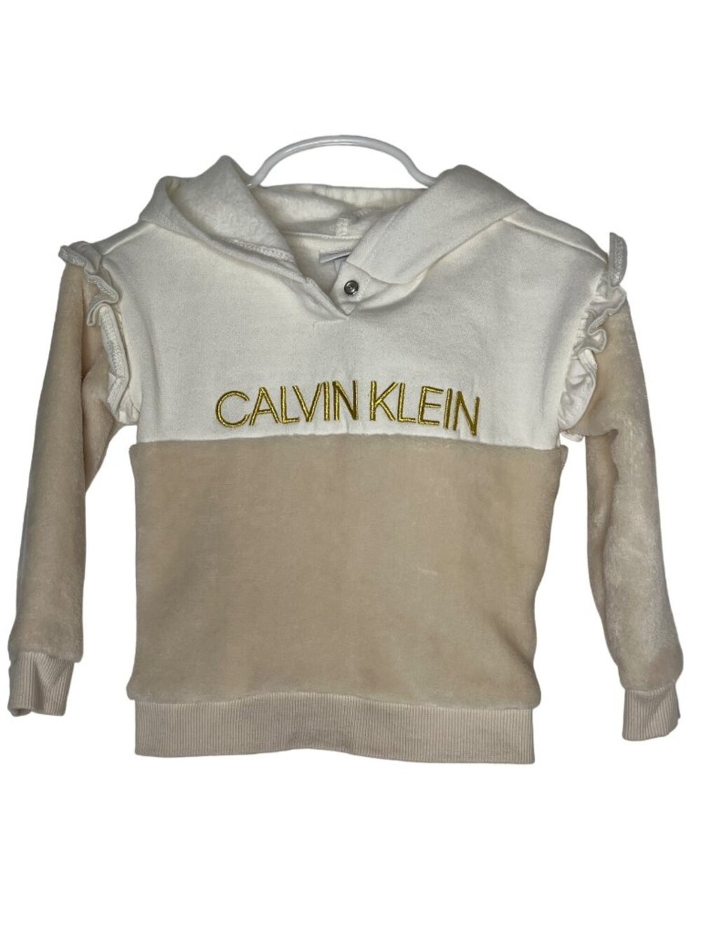 Calvin Klein Baby Girls 24M Cream Hoodie Sweatshirt Gold Logo Pullover Neutral